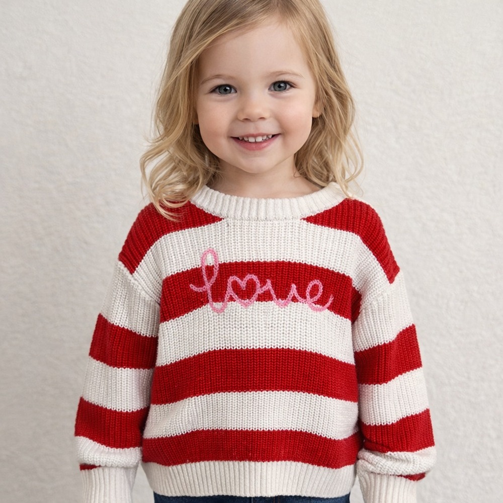 Cat & Jack Ribbed Knit Love Sweater Girls 5T White Red Striped Cotton Valentines